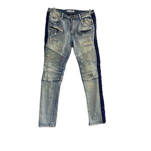 PREME Men’s Denim Moto Blue Side Stripe Distressed Destroyed Jeans Size 34X33‎